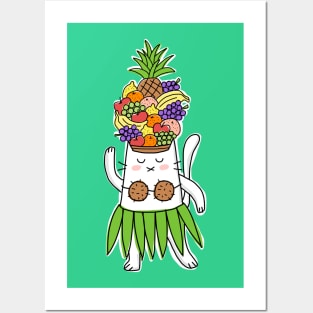 Hawaiian Dancer Cat With Tropical Fruit Hat Posters and Art